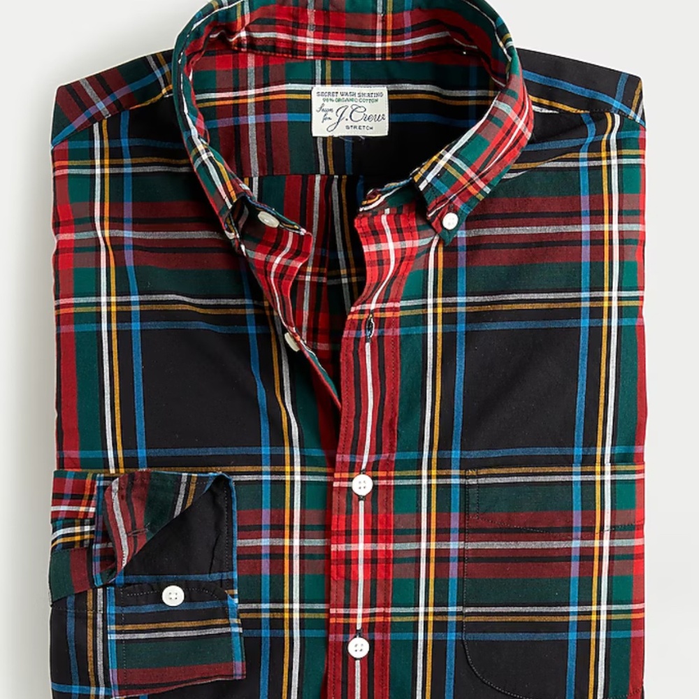 J. CREW Stretch Secret Wash Cotton Poplin Shirt in Stewart Tartan Plaid | Med T